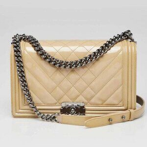Chanel Beige Quilted Patent Leather New Medium Boy Bag